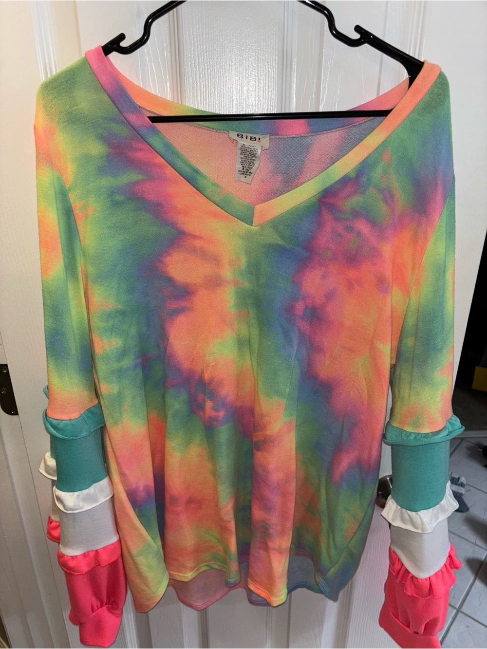 BiBi Neon Tie-Dye V-Neck Long Sleeve Top - Pink, Green, Blue, Orange